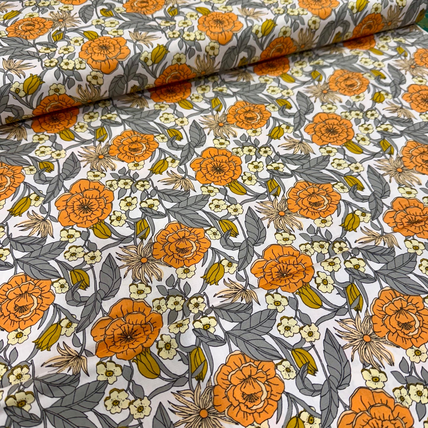 Cotton Poplin - Orange Retro Floral