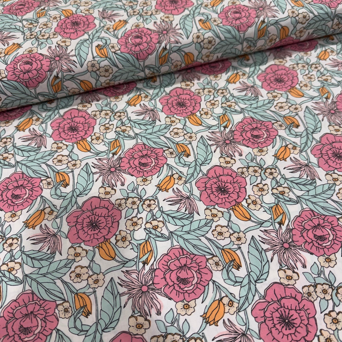 Cotton Poplin - Pink Retro Floral