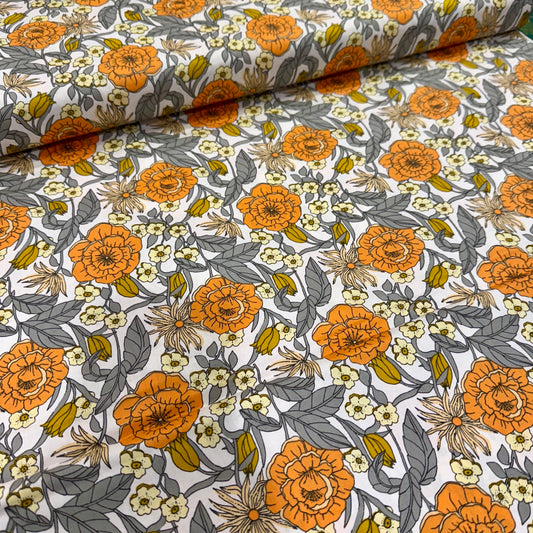Cotton Poplin - Orange Retro Floral