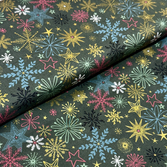 100% Cotton - Colourful Snowflakes and Stars