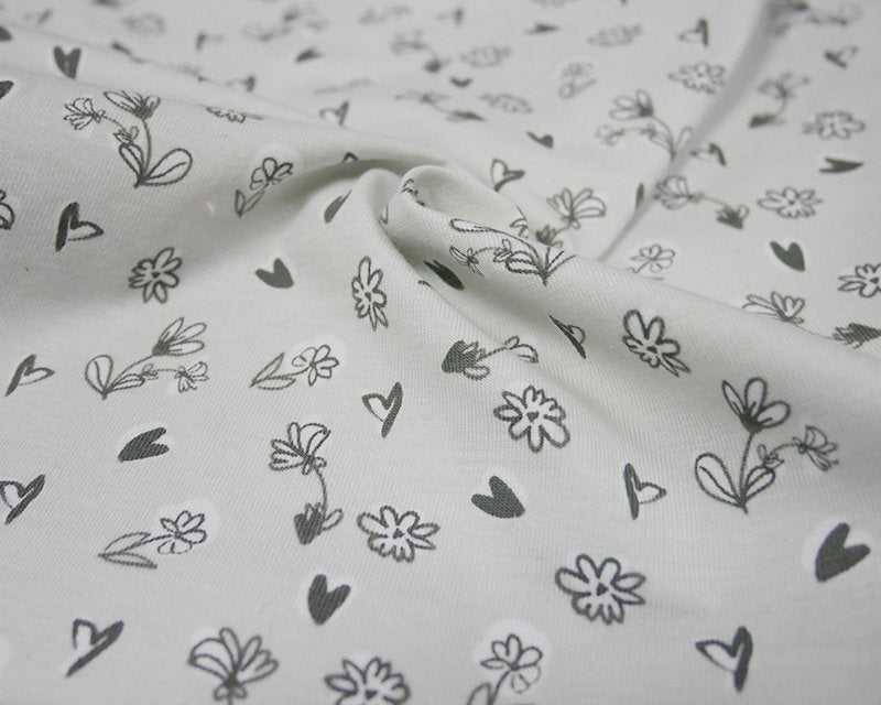 Flowers and Hearts Cotton Jersey - Grey