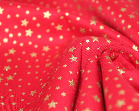 Metallic Gold Stars Cotton - Red