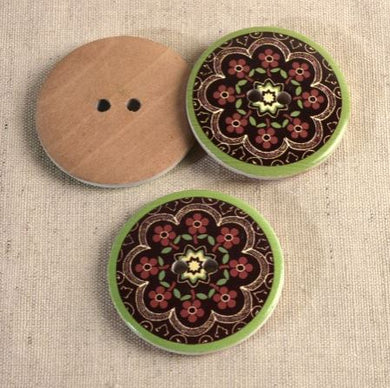 Decorated Wooden Button - 44mm Brown