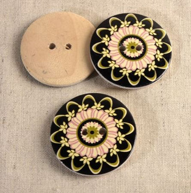 Decorated Wooden Button - 44mm Black