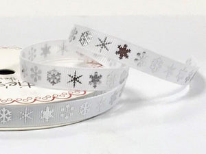 Bertie's Bows Silver Snowflake Print on 9mm White Grosgrain Ribbon (3mtr)