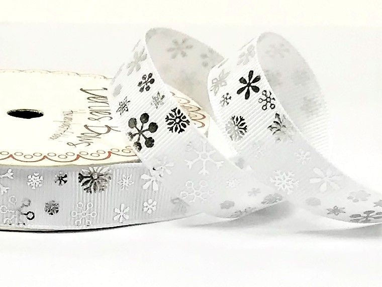 Bertie's Bows Silver Snowflake Print on 16mm White Grosgrain Ribbon
